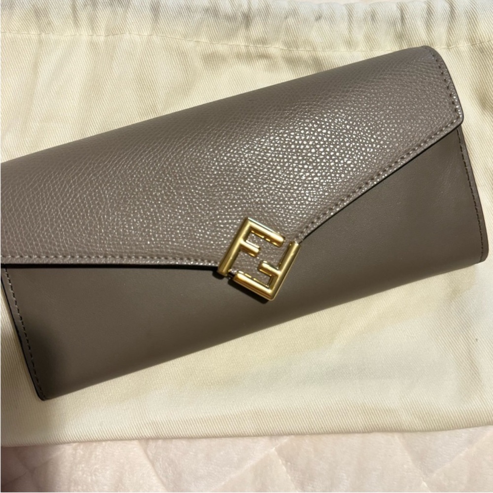 Fendi Gray Leather Clutch with Gold Logo